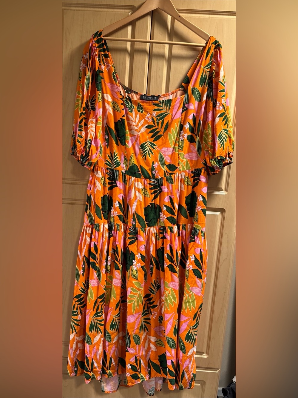 Eloquii Square Neck 16 Midi Dress in Orange Floral Hawaiian Plant Palm Resort